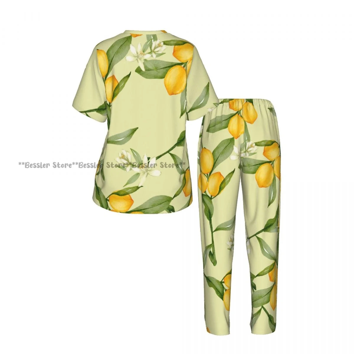 Women's Lemon Citrus Yellow Fruit Leaves short sleeve trousers casual pajamas set
