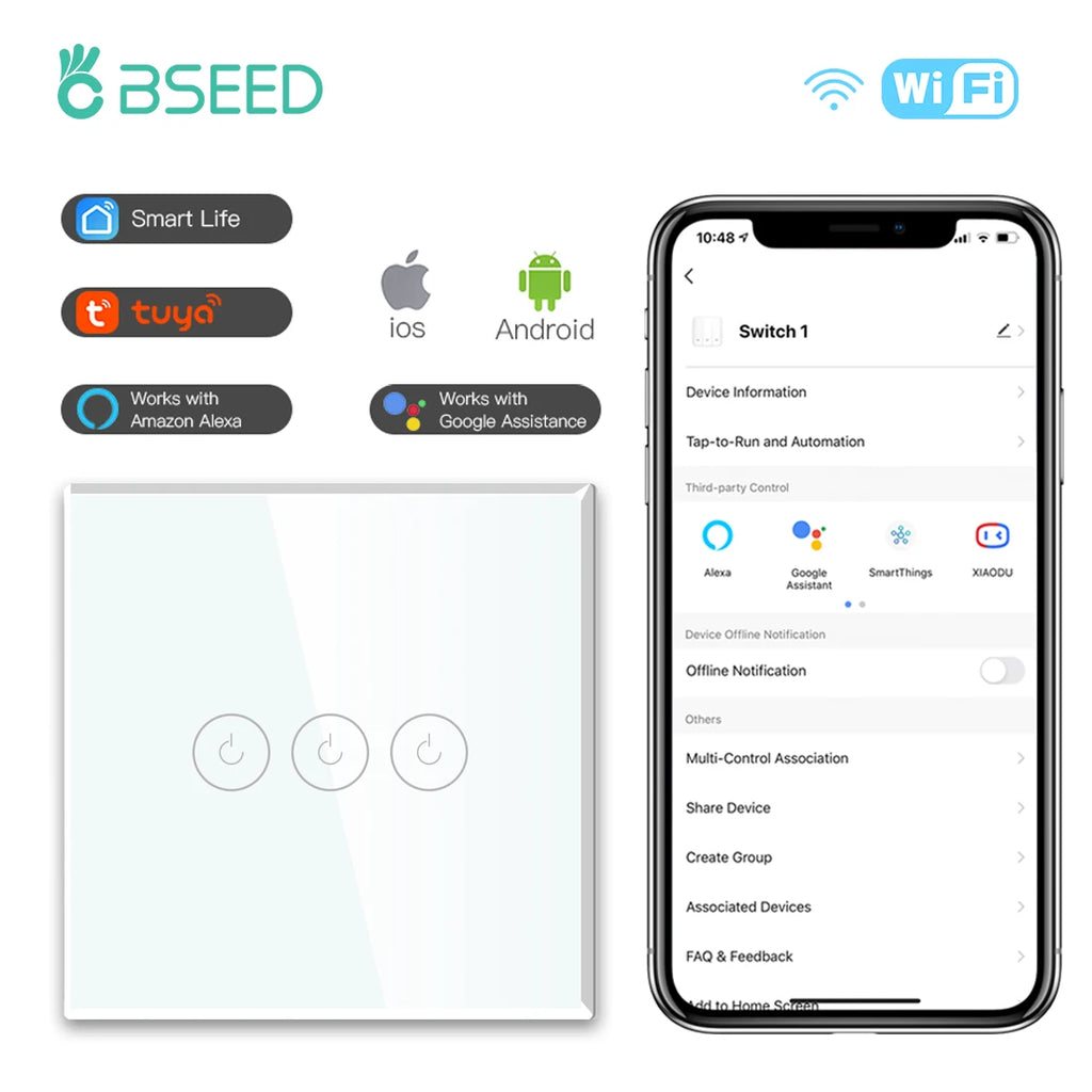 BSEED Wifi Light Touch Switch 1/2/3Gang 1/2/3 Way Smart Switch Wireless Wifi Roller Shutter Switch Support For Tuya Smart Home