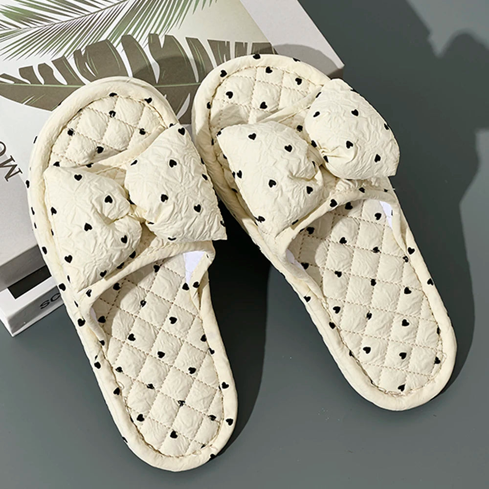 Fashion Women Slippers Soft Bottom Cotton Floral Floor Shoes Indoor Slippers Antislip Home Shoes Cute Bow Bedroom Slippers