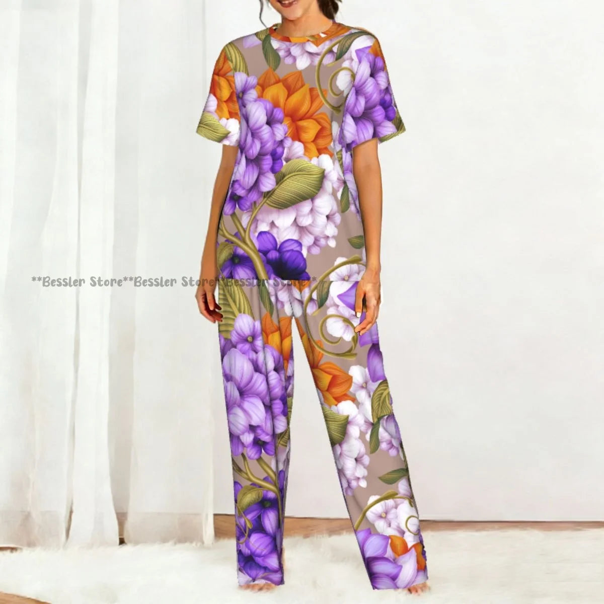 Women's 2-piece set Floral Pattern Pajamas Short sleeved Top and Pants Sleepwear