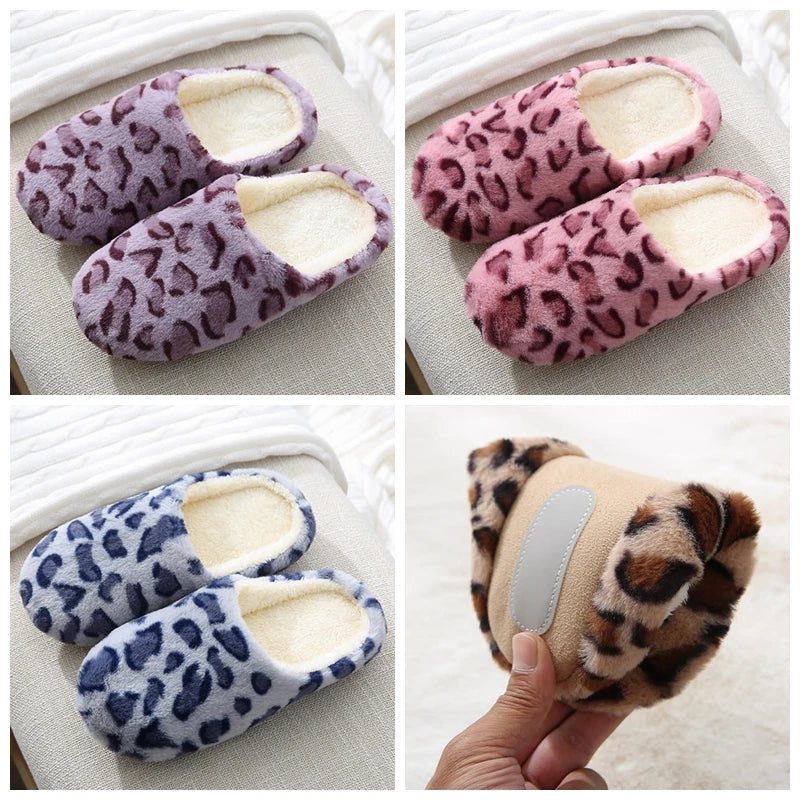 Women Men Leopard Print House Slippers Winter Warm Soft Fur Indoor Bedroom Non-Slip Floor Shoes for Couples Home Slides