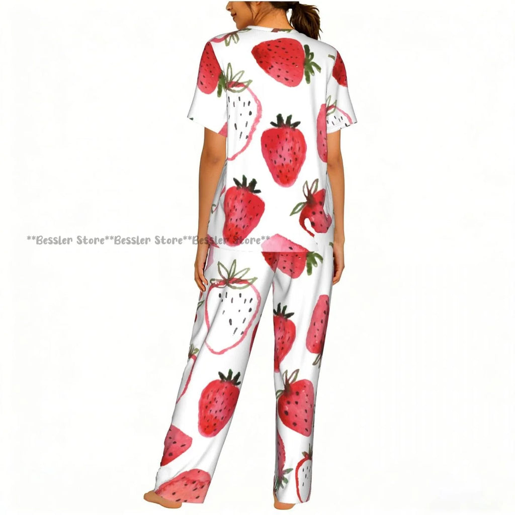 Women's 2-piece set Watercolor Strawberries Pajamas Short sleeved Top and Pants Sleepwear