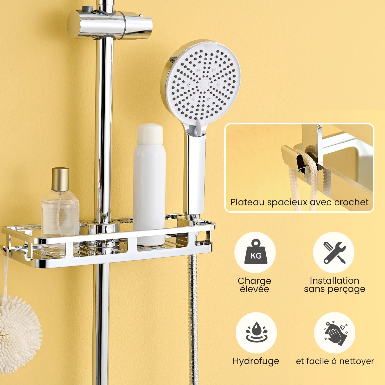 Mixer tap-free shower column with soap holder, head shower 25 cm, shower high pressure 4 jets