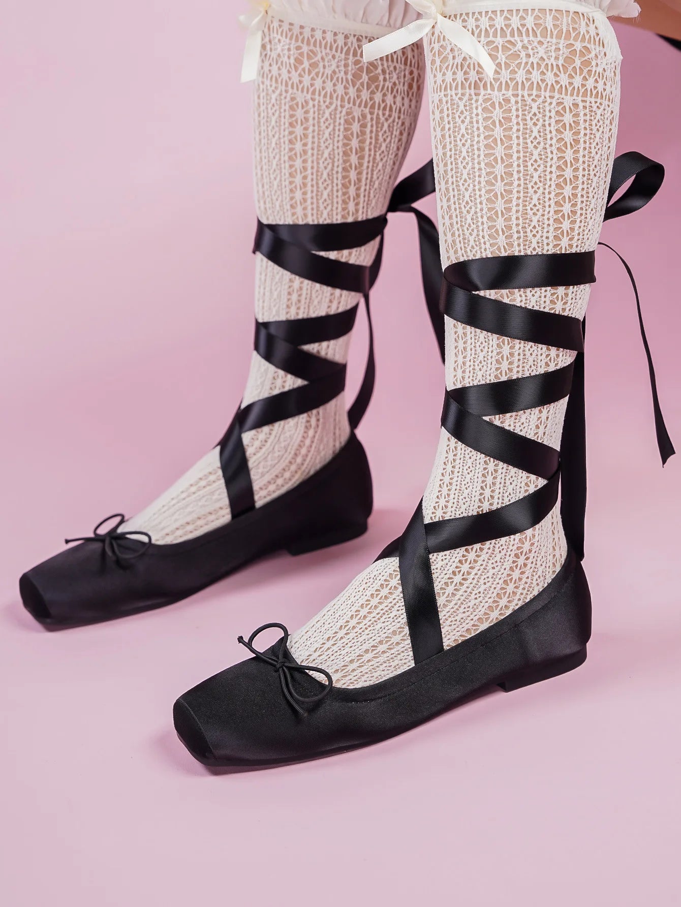 Women's Satin Ribbon Tie Ballet Flats Square Toe Ankle Wrap Lace-Up Shoes Lolita Shoes for Ladies Soft Sole Bow Fashion Footwear