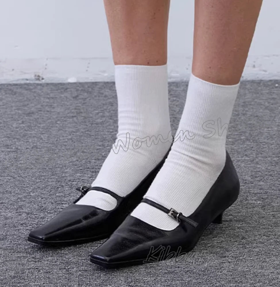 Mary Jane Pumps Belt Buckle Leather Square Toe Kitten Heels Solid Color Women Shoes Fashion Comfortable Sexy Elegant Novelty New