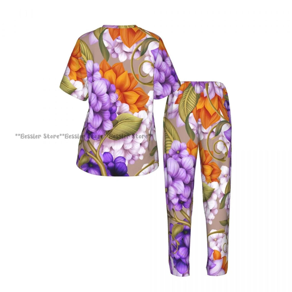 Women's 2-piece set Floral Pattern Pajamas Short sleeved Top and Pants Sleepwear