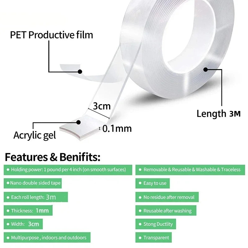 1 Roll Transparent Double Sided Nano Tape, Waterproof Wall Stickers, Reusable Heat Resistant home improvement