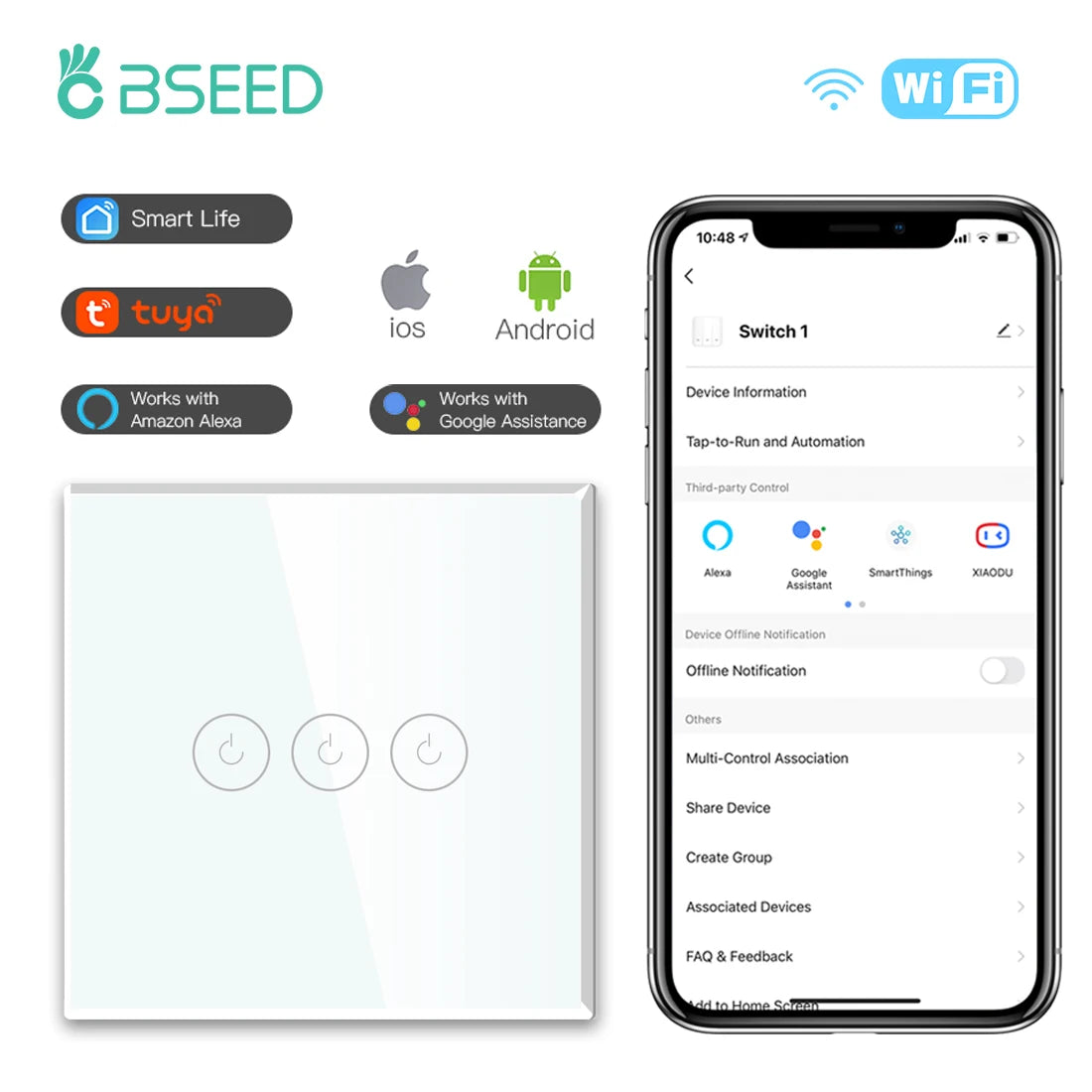 BSEED Wifi Light Touch Switch 1/2/3Gang 1/2/3 Way Smart Switch Wireless Wifi Roller Shutter Switch Support For Tuya Smart Home