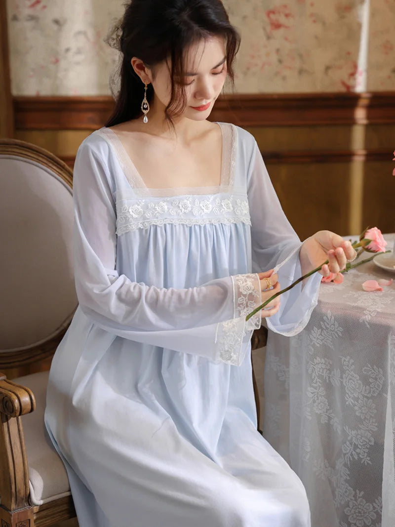 Long Sleeve Nightgown Cotton Spring Square Collar Chinese Style Temperament Sleepwear Breathable and Soft Home Wear Autumn