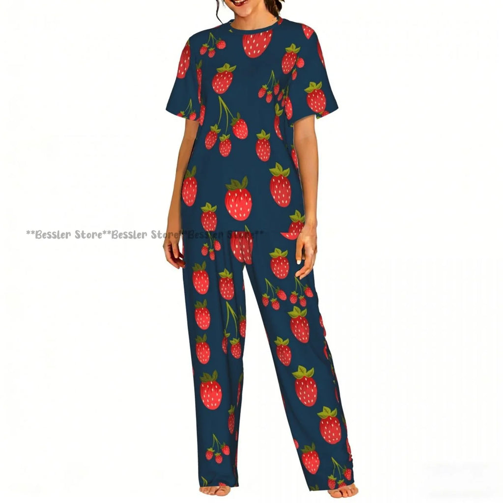 Women's 2-piece set Watercolor Strawberries Pajamas Short sleeved Top and Pants Sleepwear