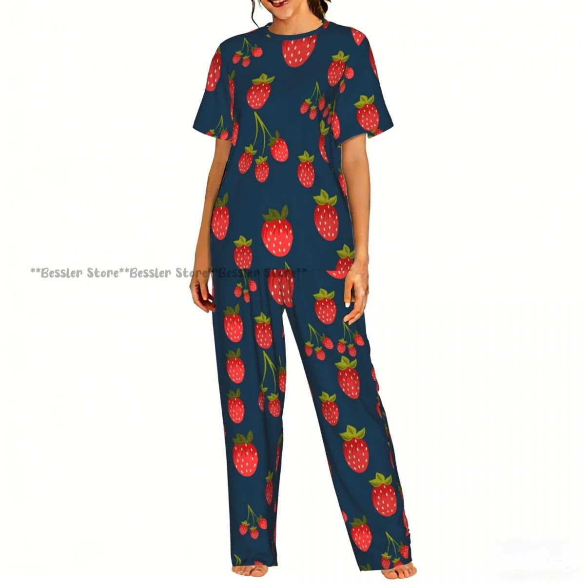 Women's 2-piece set Watercolor Strawberries Pajamas Short sleeved Top and Pants Sleepwear