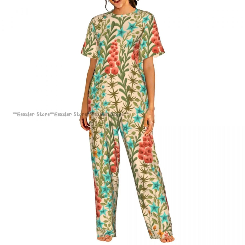 Women's Pajama Set Blue Hydrangeas And Daisies Floral Butterflies Short Sleeve Sleepwear 2 Piece Homewear Loungewear