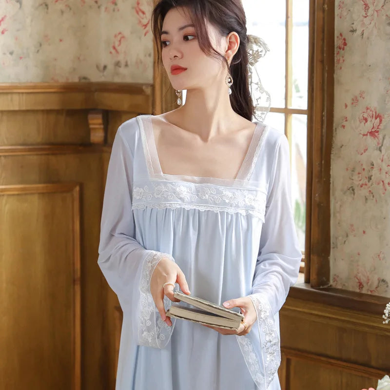 Long Sleeve Nightgown Cotton Spring Square Collar Chinese Style Temperament Sleepwear Breathable and Soft Home Wear Autumn