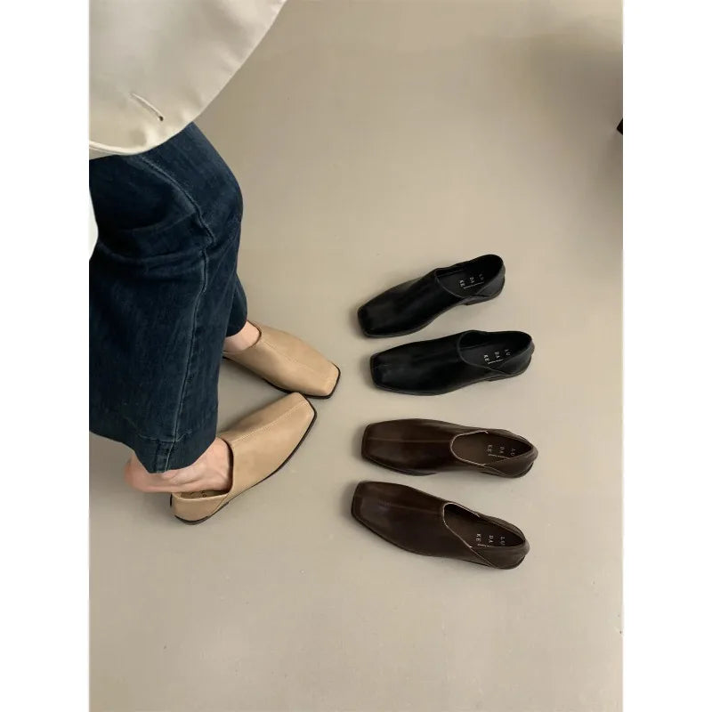Retro Square Head Flat Leather Shoes Women's Casual Slip-On Soft Leather Flats Korean Sle Autumn Winter Low Heel Loafers