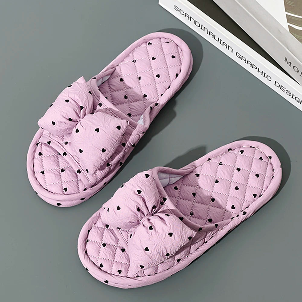 Fashion Women Slippers Soft Bottom Cotton Floral Floor Shoes Indoor Slippers Antislip Home Shoes Cute Bow Bedroom Slippers