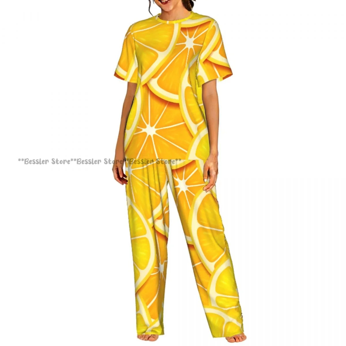 Women's Comfort Pajamas Women's Lemon Leaves Pattern Short Sleeve Set Sleepwear