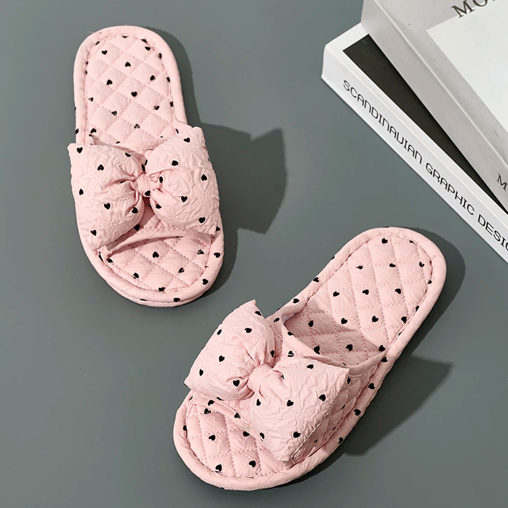 Fashion Women Slippers Soft Bottom Cotton Floral Floor Shoes Indoor Slippers Antislip Home Shoes Cute Bow Bedroom Slippers