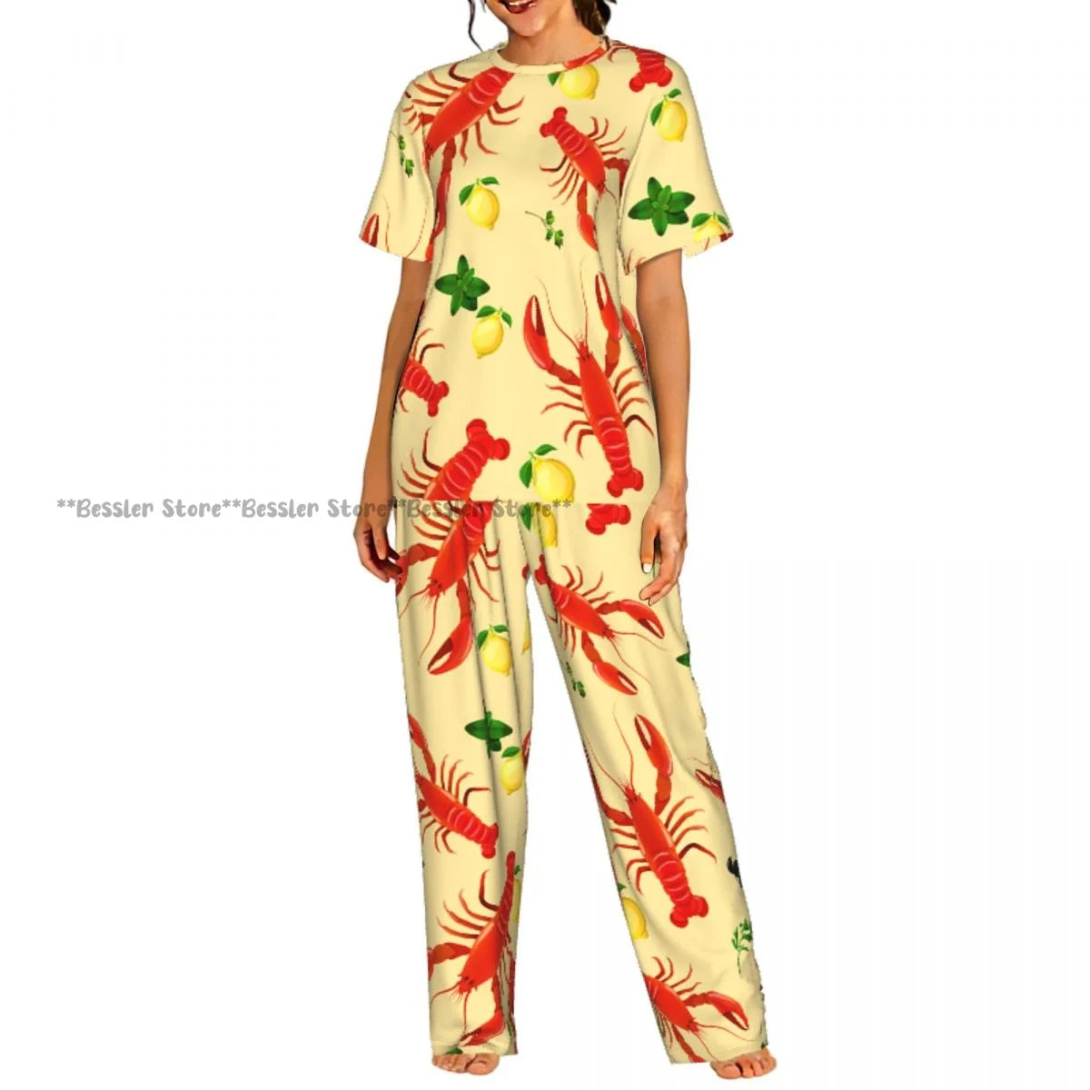 Women's Comfort Pajamas Women's Lemon Leaves Pattern Short Sleeve Set Sleepwear