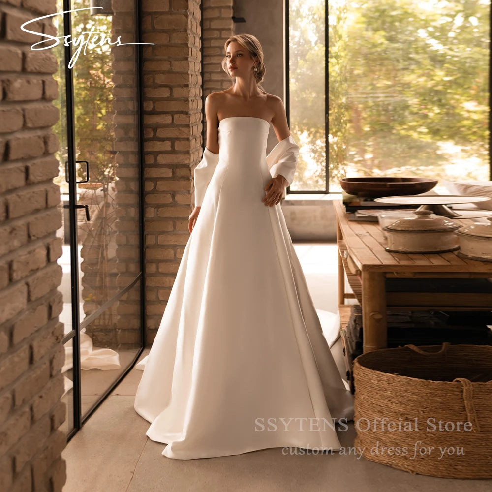 SSYTENS Elegant Ivory Satin Wedding Dresses A-Line Strapless Pleated Fairy Bride Prom Gown 2026 Bridal Gowns Vintage Customized