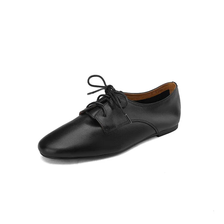 2023 Spring New Cow Leather Women Shoes Fashion Lace-Up Oxford Shoes Round Toe Soft Low Heel Shoes Woman Zapatos De Mujer Pumps