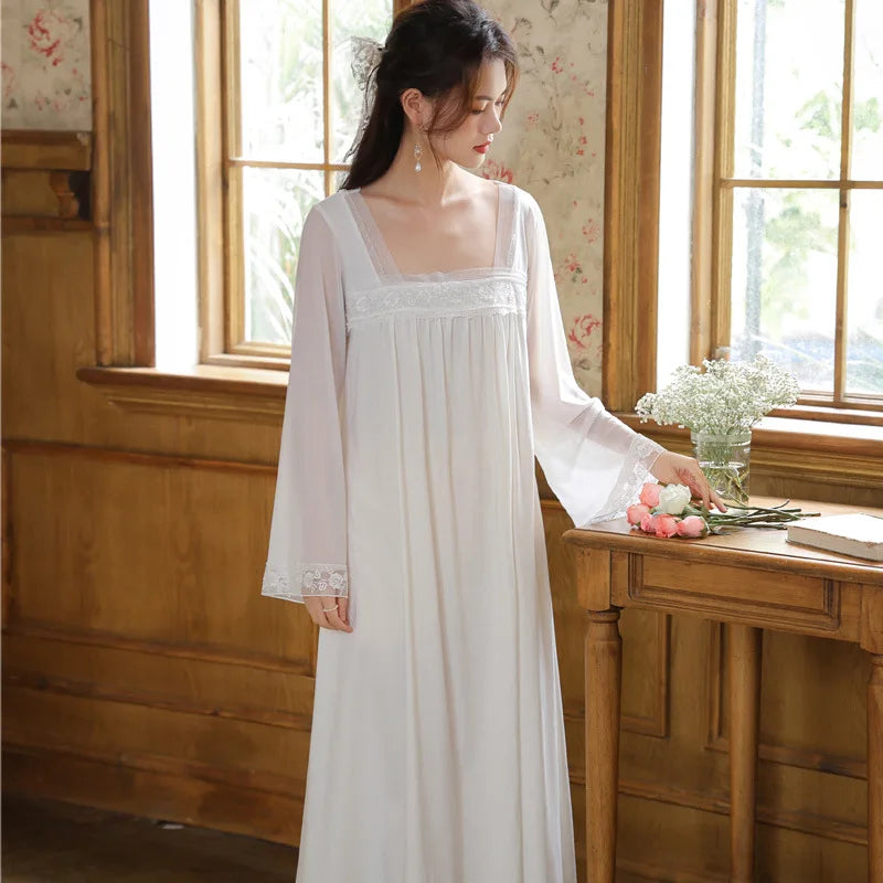 Long Sleeve Nightgown Cotton Spring Square Collar Chinese Style Temperament Sleepwear Breathable and Soft Home Wear Autumn