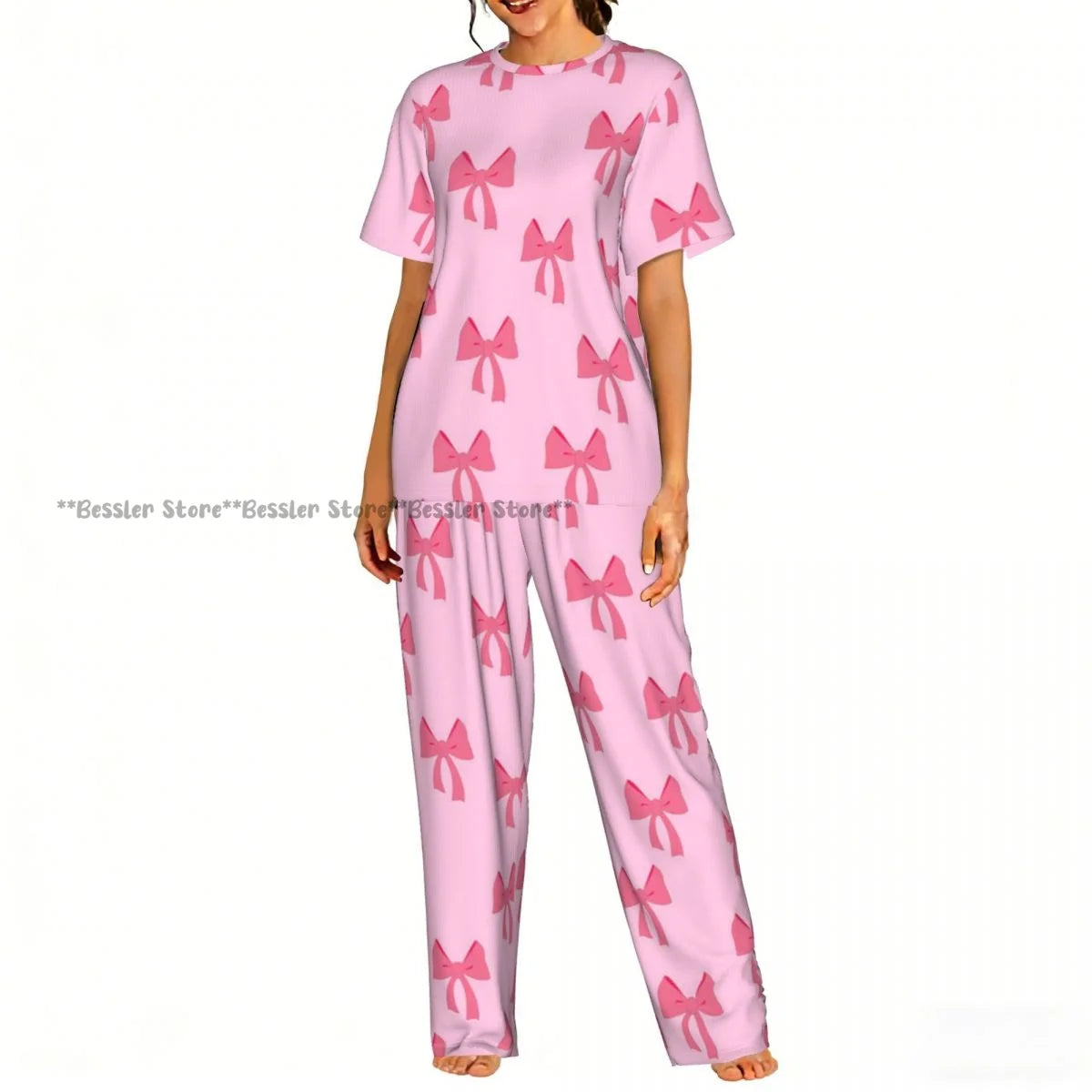 Women's Comfort Pajamas Women's Ribbon Bows Pattern Short Sleeve Set Sleepwear