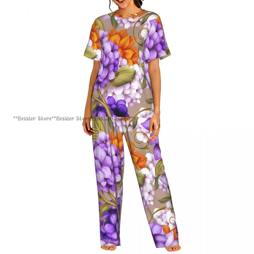 Women's 2-piece set Floral Pattern Pajamas Short sleeved Top and Pants Sleepwear