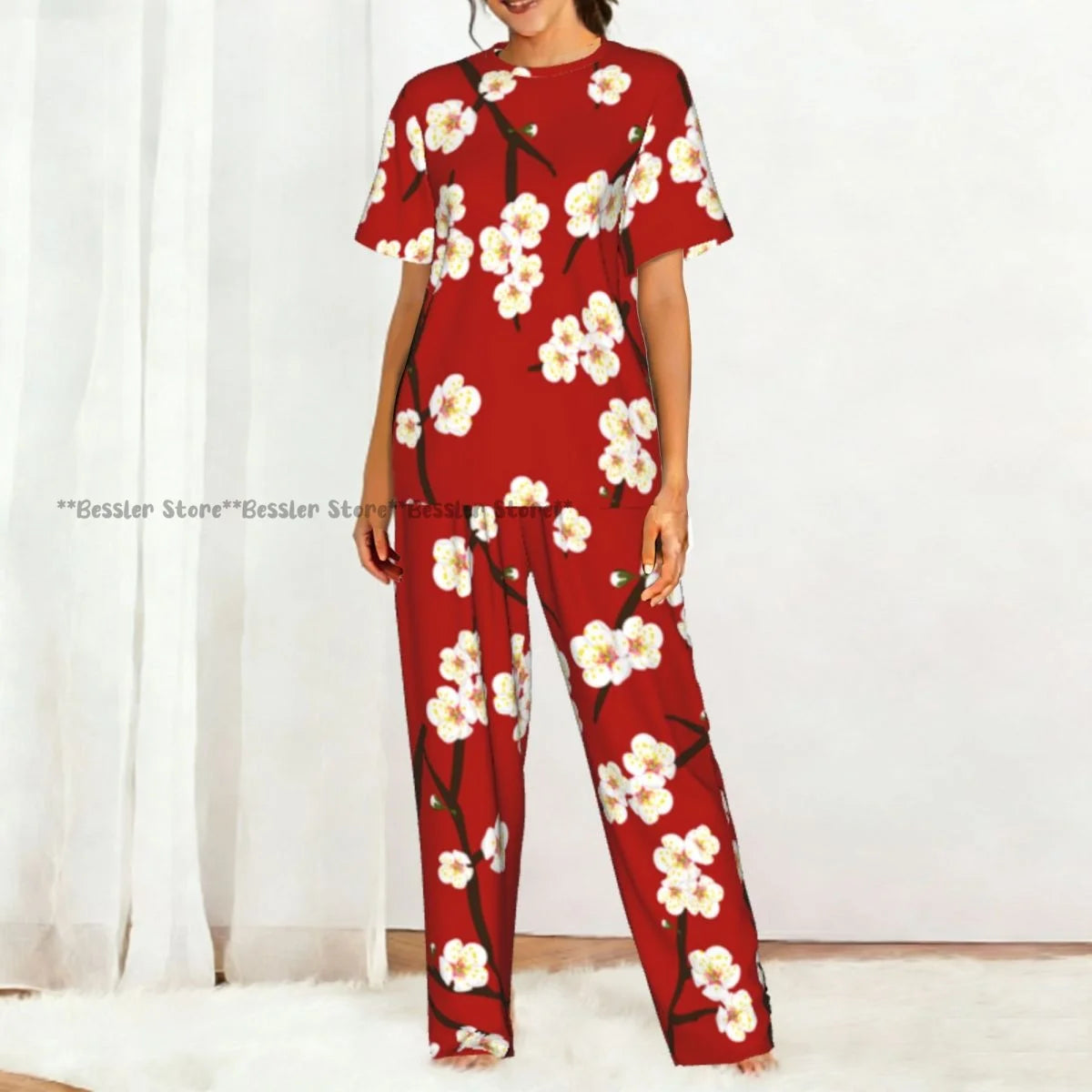 Women's Blossom Cherry Flower Background short sleeve trousers casual pajamas set