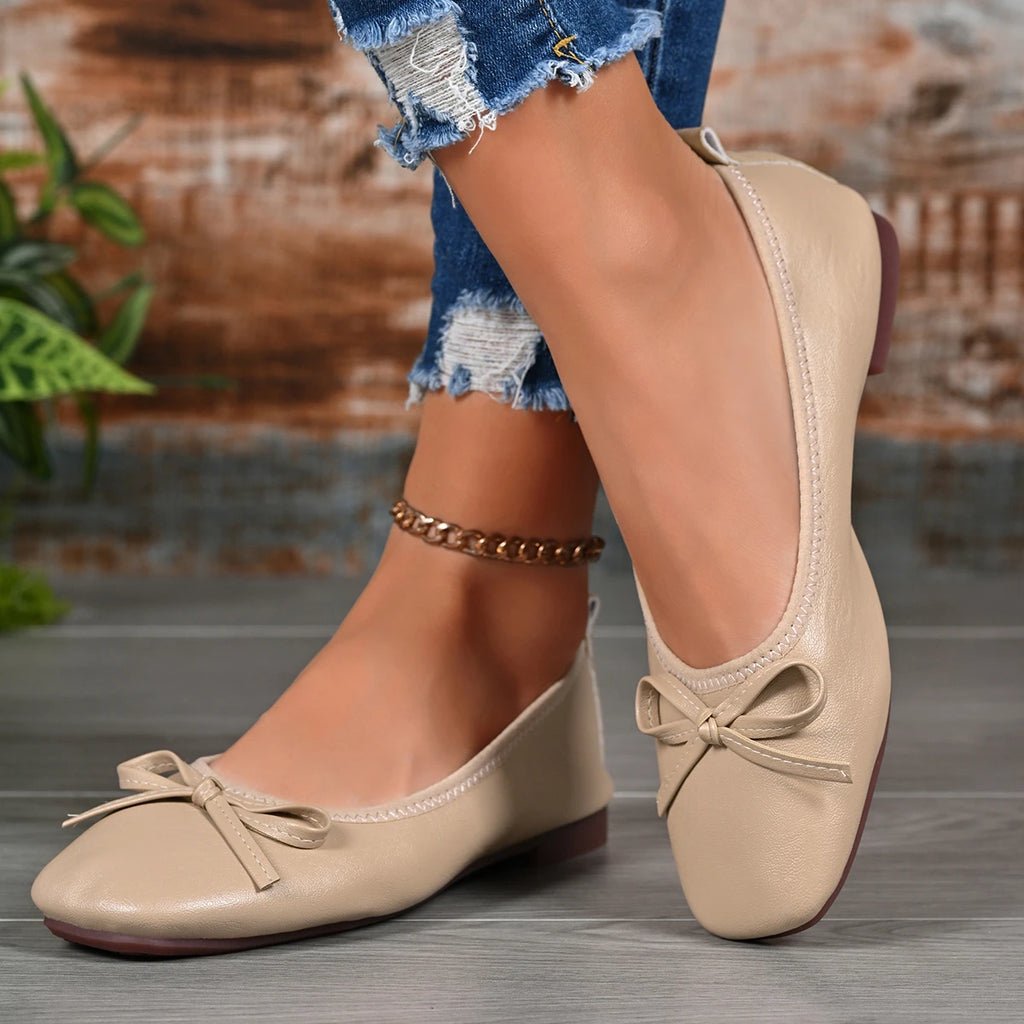 2026 Spring New Bowknot Soft Sole Flats, Small Square Toe Shallow Comfortable Egg Roll Shoes, Versatile Commuter Flat Shoes