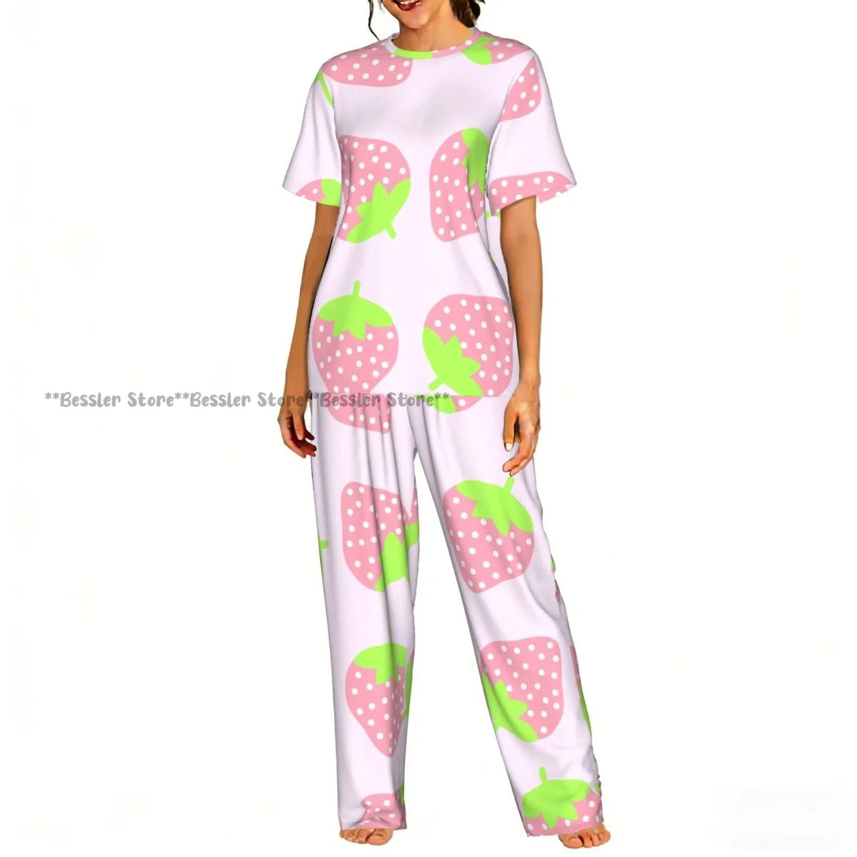 Women's Comfort Pajamas Women's Cute Pink Strawberries Short Sleeve Set Sleepwear