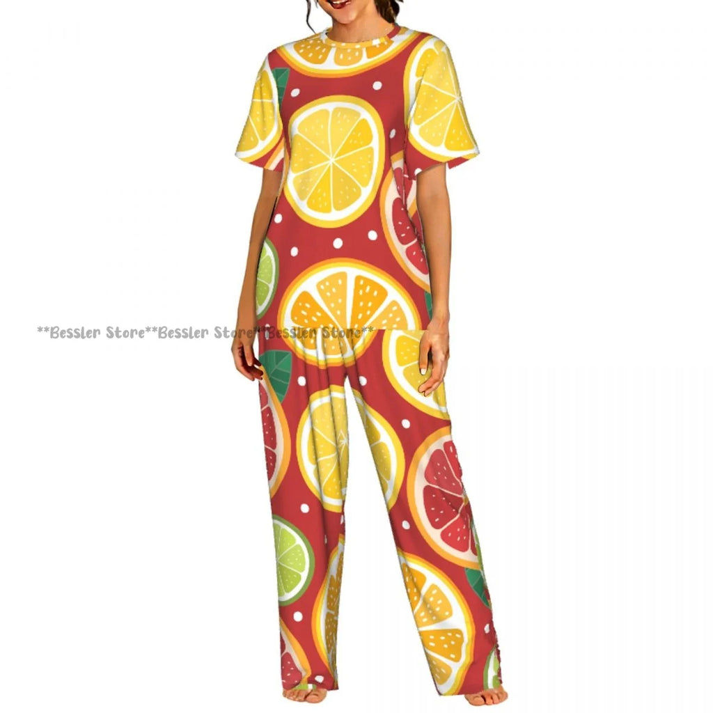 Women's Lemon Citrus Yellow Fruit Leaves short sleeve trousers casual pajamas set