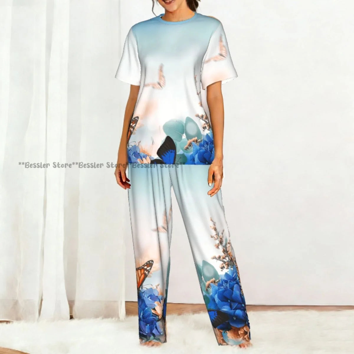 Women's Pajama Set Blue Hydrangeas And Daisies Floral Butterflies Short Sleeve Sleepwear 2 Piece Homewear Loungewear