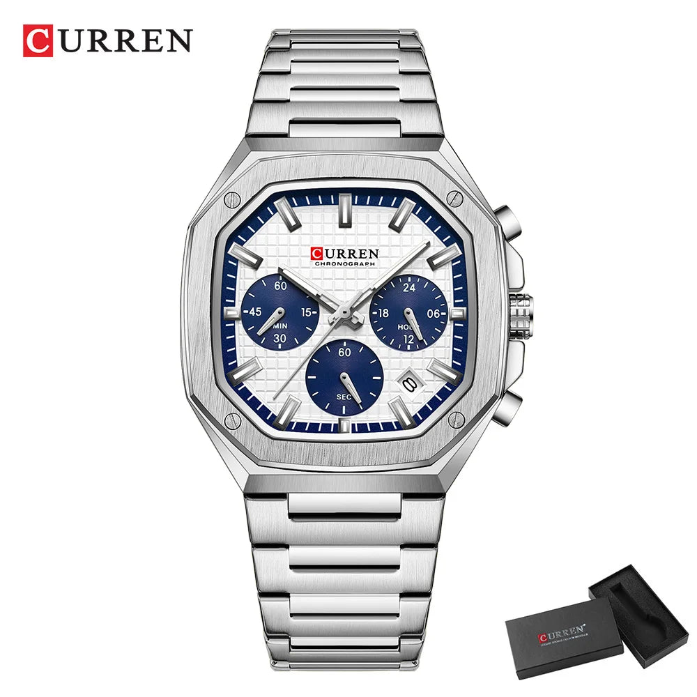 CURREN Luxury Square Chrono Watch for Men Classic Design Gold Accents on Black Dial Fashion Quartz Wristwatch Luminous Hands