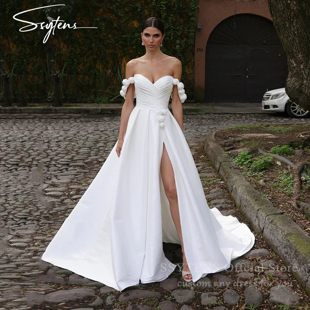 SSYTENS New Satin Wedding Dress for Woman Flowers Vestido De Noiva Robe De Soiree Bride Simple Off-shoulder Vestidos De Fiesta