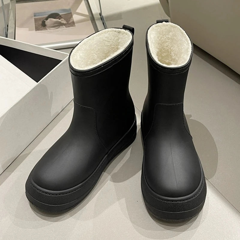 Heated Winter Mid Calf Rain Boots Insulated Cotton Thick Sole Nonslip Waterproof Durable Solid Color Women's Rain Shoes