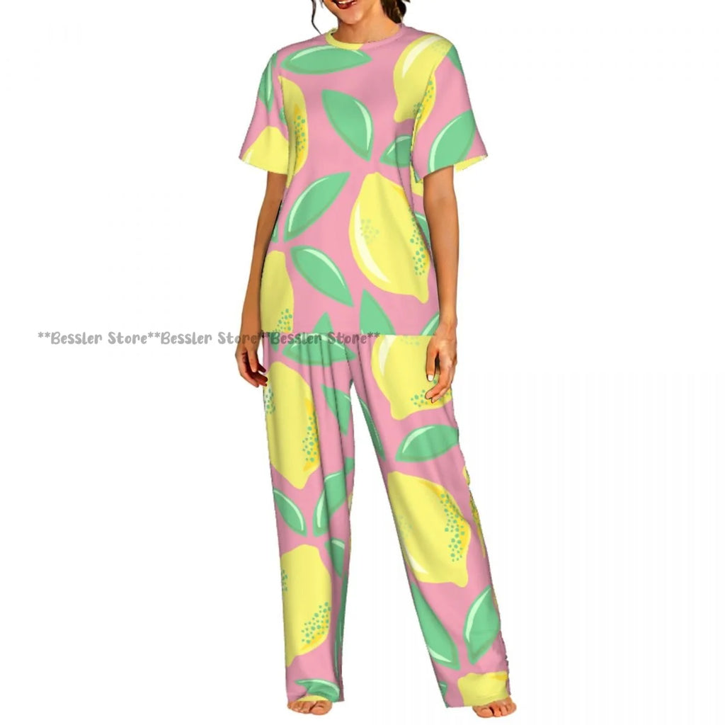 Women's Comfort Pajamas Women's Watercolor Lemons Oranges Short Sleeve Set Sleepwear