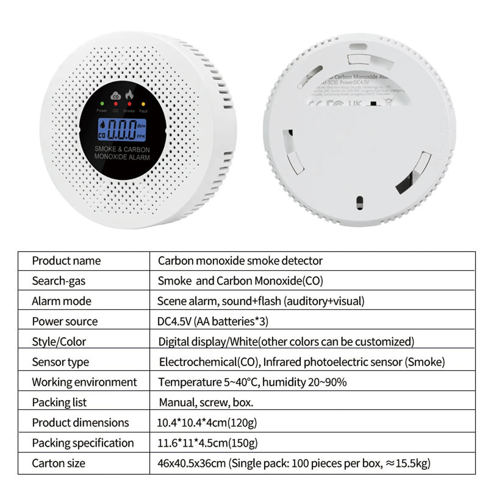2 in 1 Fire Alarm Smoke Detector with LCD Display Carbon Monoxide Alarm Powered by Battery for Home Office RV Hotel