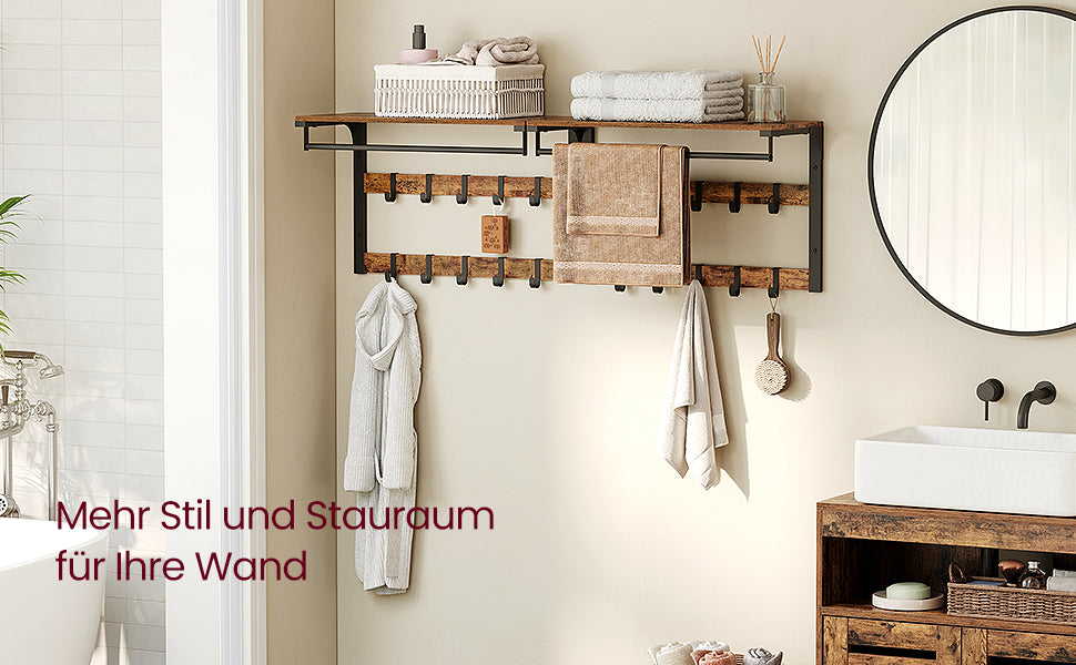 VASAGLE Wall wardrobe with Shelf Wall Shelf with 10 Removable Hooks Hangers No Matter Wall Mounted 2 Cloakroom Lits