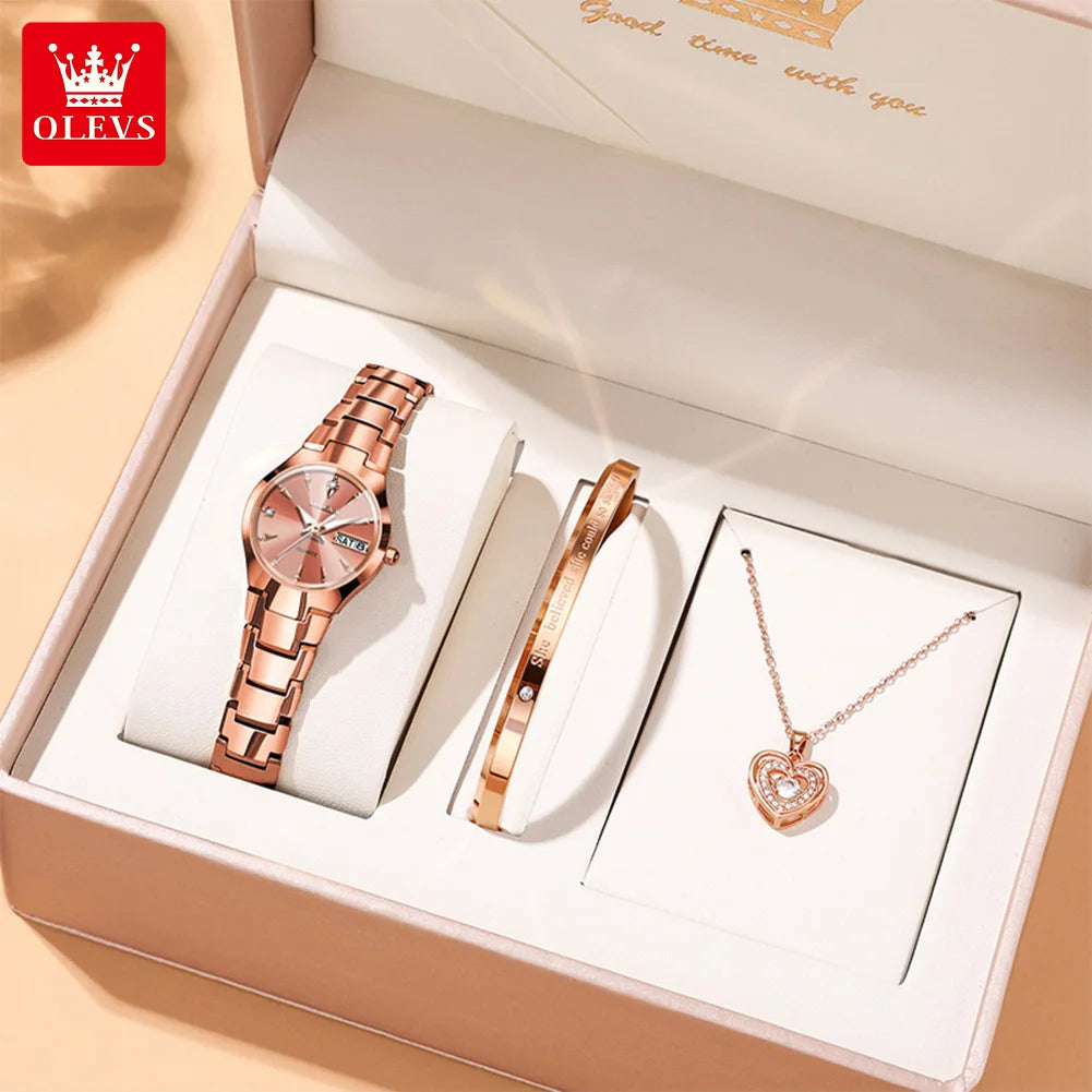 OLEVS Ladies Watch 8697 Luxury Elegant Quartz Watches Waterproof Tungsten Steel Day Date Watches For Woman Watch Bracelet Set