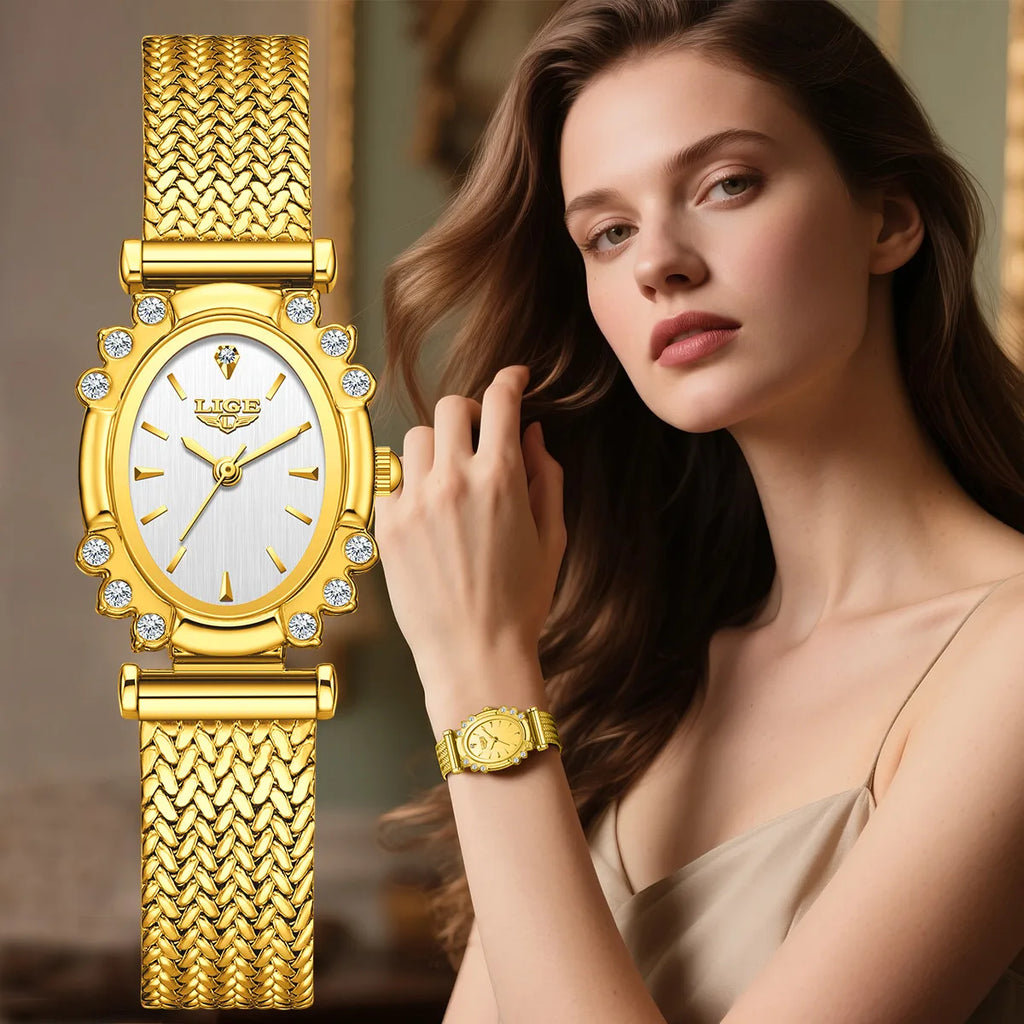 LIGE 2026 Luxury Women Watches Fashion Gold Black Rectangle Woman Quartz Watches Stainless Steel Band Wristwatches Reloj Mujer