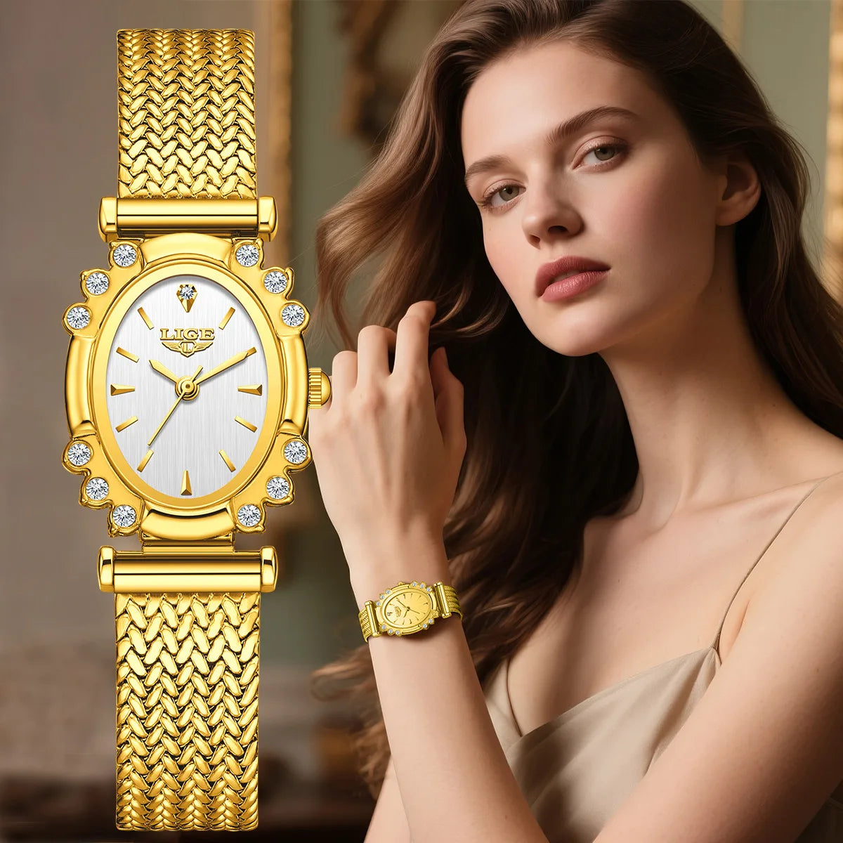 LIGE 2026 Luxury Women Watches Fashion Gold Black Rectangle Woman Quartz Watches Stainless Steel Band Wristwatches Reloj Mujer
