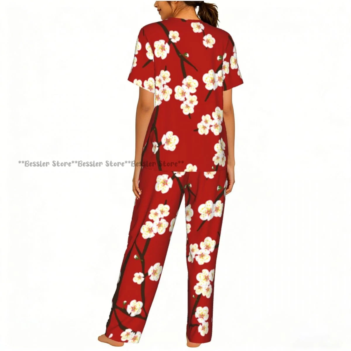 Women's Blossom Cherry Flower Background short sleeve trousers casual pajamas set