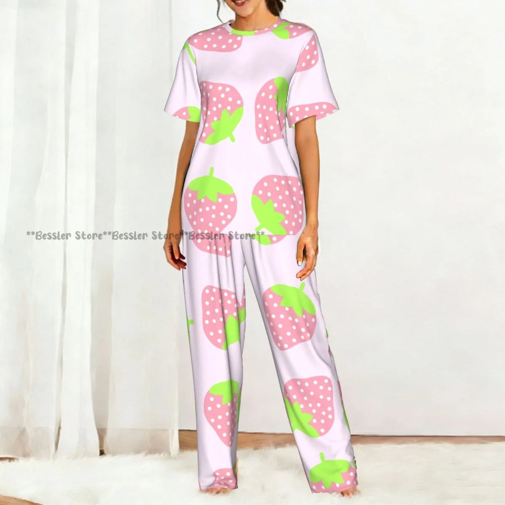 Women's Comfort Pajamas Women's Cute Pink Strawberries Short Sleeve Set Sleepwear