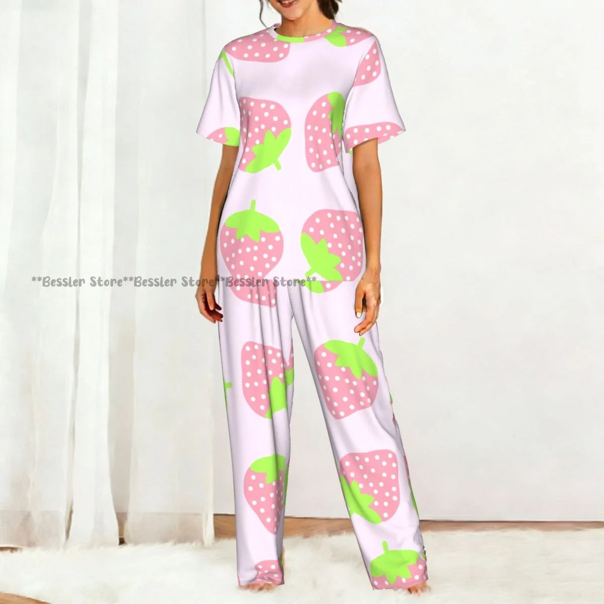 Women's Comfort Pajamas Women's Cute Pink Strawberries Short Sleeve Set Sleepwear