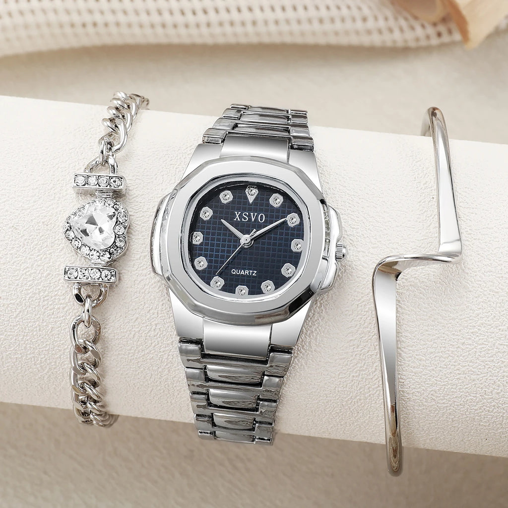 No gift box, small batch watches, Korean version of the square versatile quartz watches   heart-shaped diamond bracelet 3 sets
