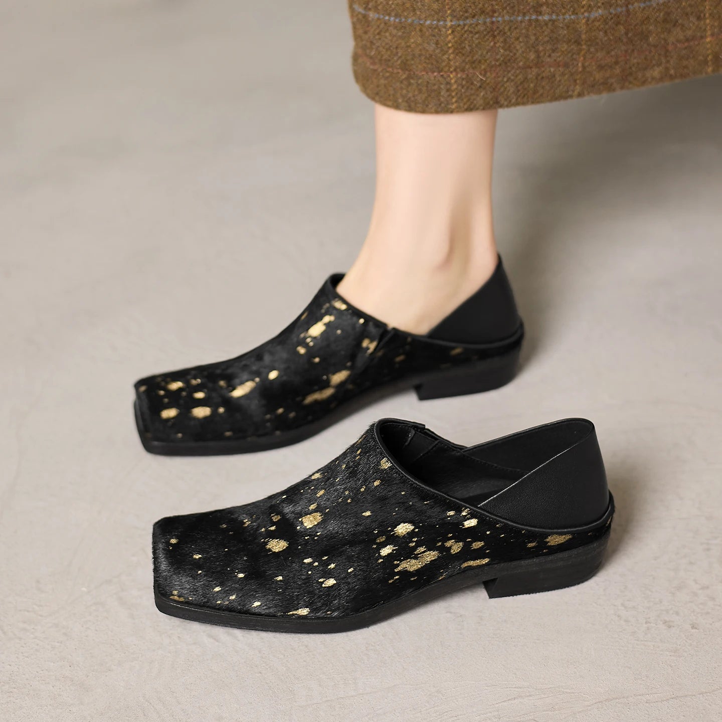 Premium Luxury Genuine Leather Horsehair 3cm Low Heels Square toe High Heels Fashion Casual Womens Shoes Elegant Women Pumps