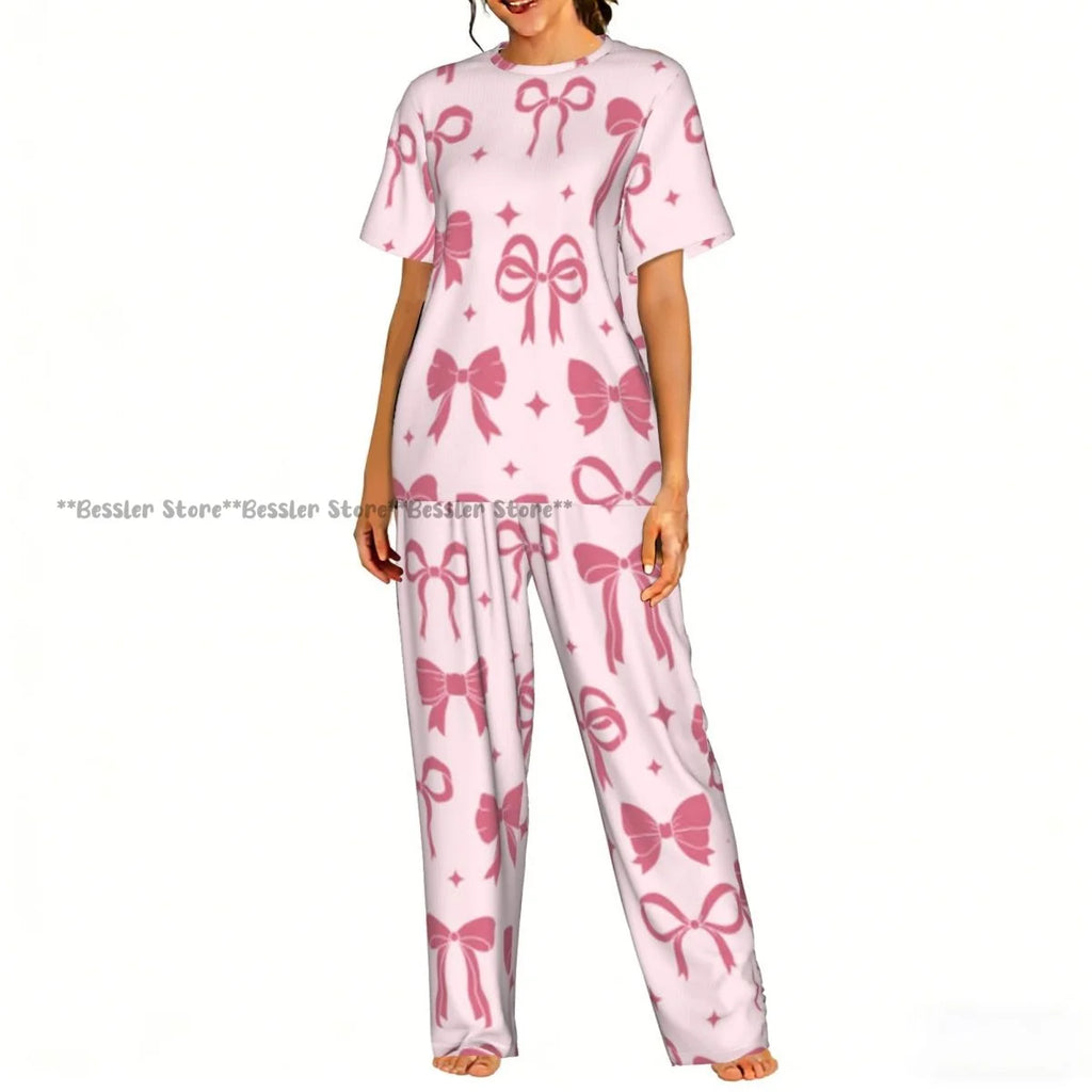 Women's Comfort Pajamas Women's Ribbon Bows Pattern Short Sleeve Set Sleepwear