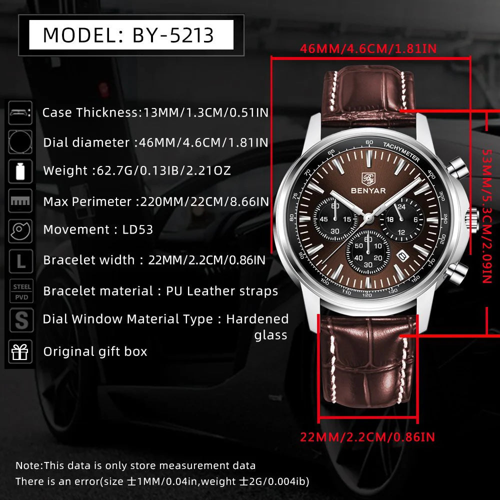 BENYAR new 46MM men's top brand business quartz timing code watch waterproof sports men's quartz watch gift box packaging