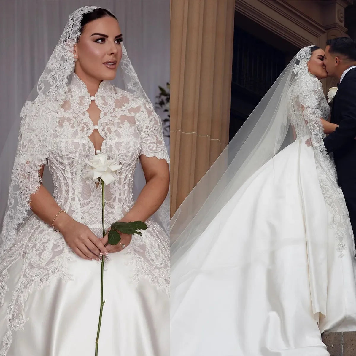 Customized 2026 New Luxury Stand Up Collar Lace Women's Wedding Dress Short Sleeved High Waisted Big Swing Trailing Bridal Gown