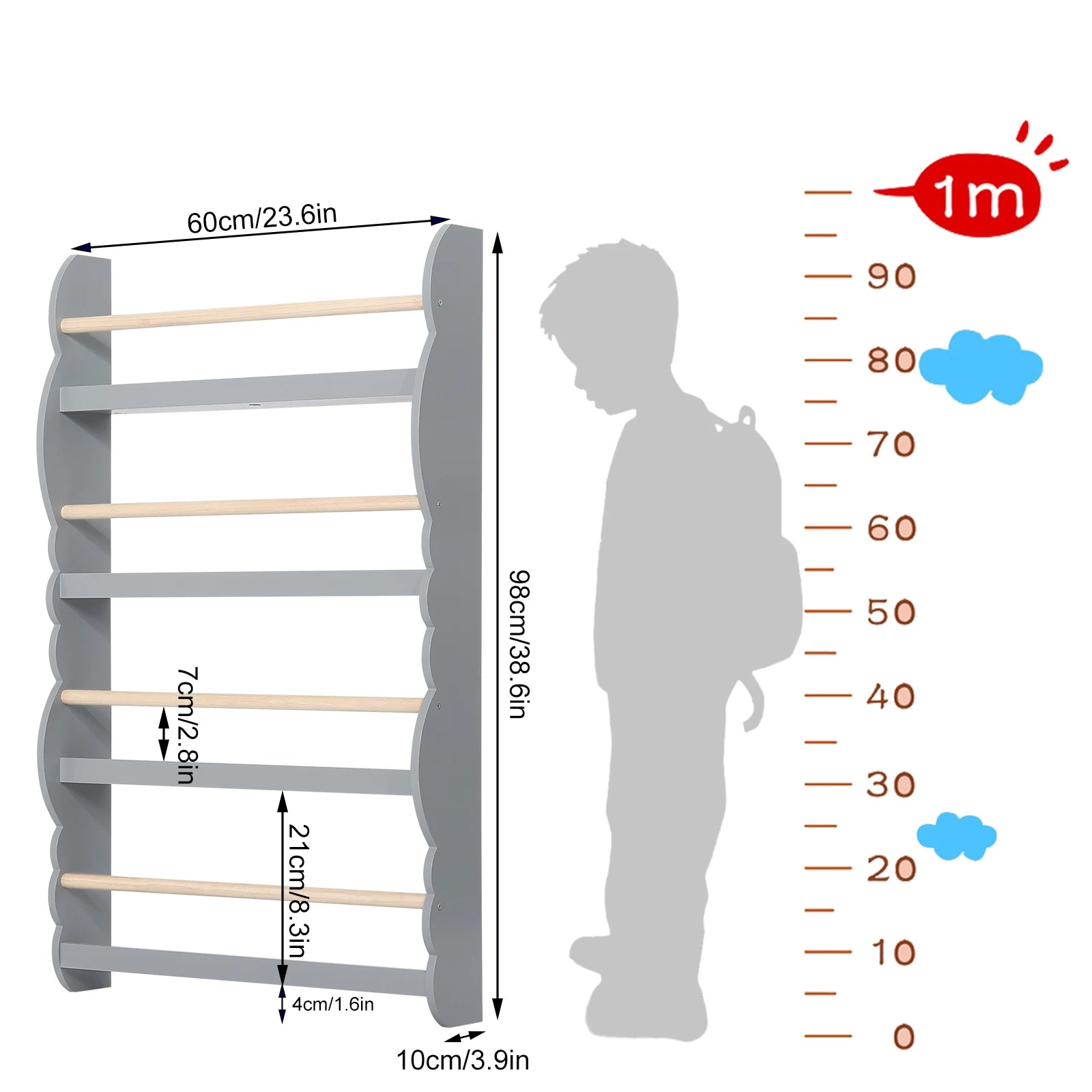 WOLTU Children's Bookshelf Kid's Bookcase Wall Shelf Book Organizer with 4 Shelves for Book Magazine Storage Kids Room Home